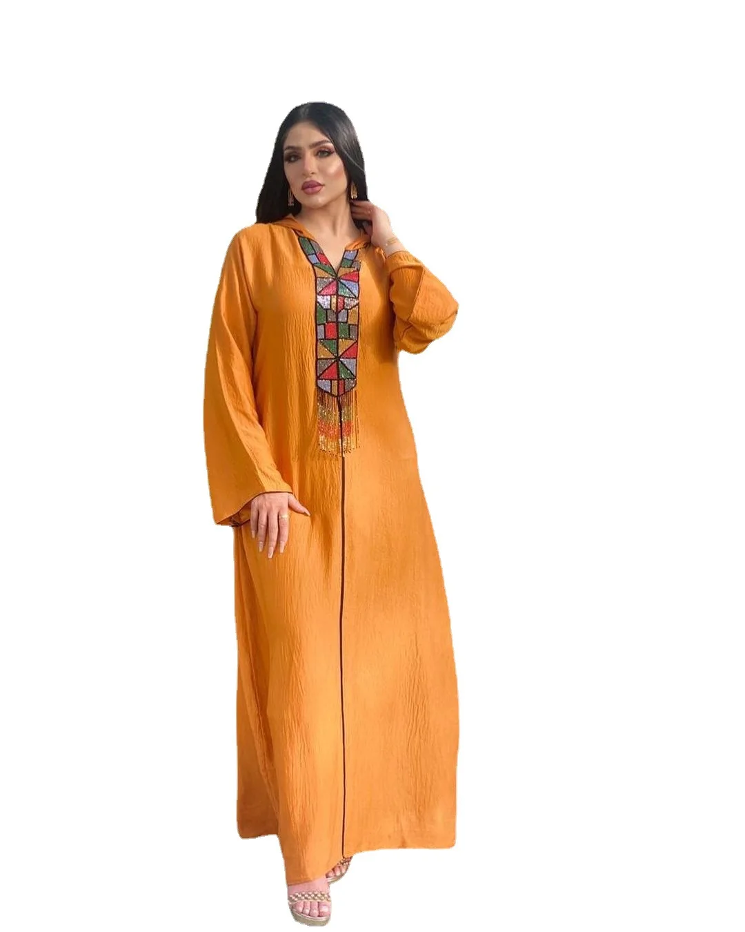 Middle East Muslim Women's Wear Diamond Tassel Hooded Arab Robe Maxi Dress