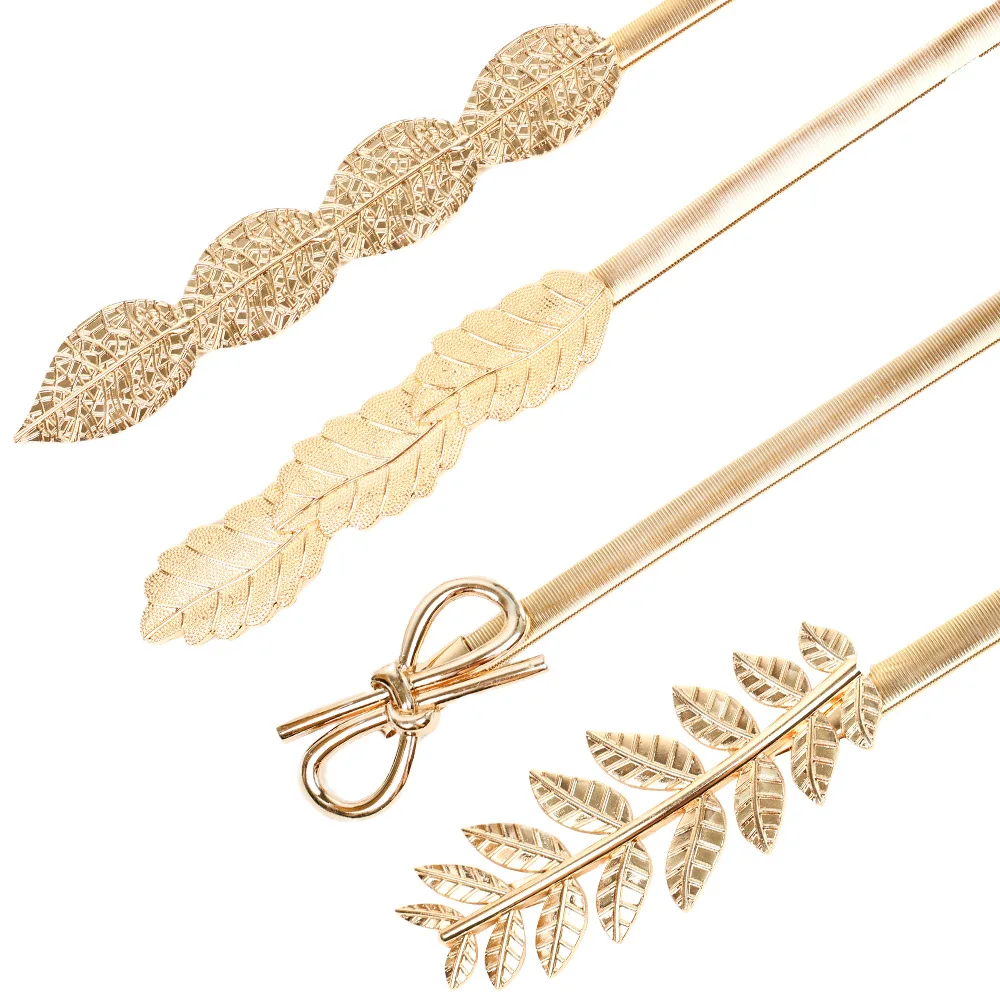

New Leaf Belt Gold Color Stretch Elastic Waist Belts For Women Metal Plate Female Lady Dress Waistband Ceinture Femme 2022