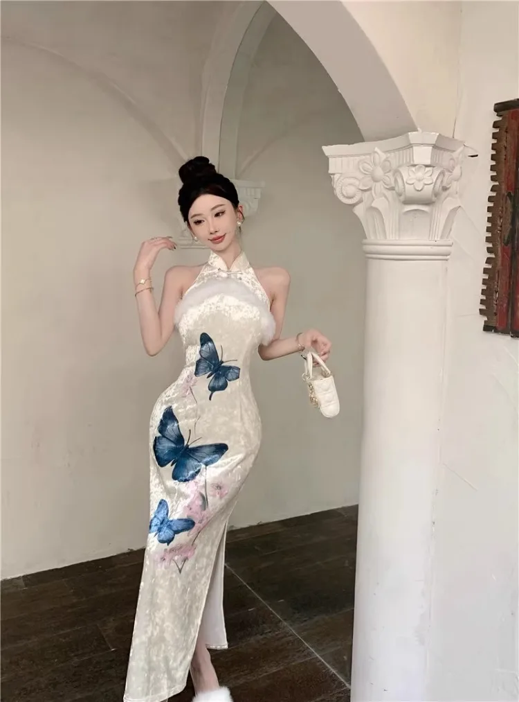 Ezgaga платья женские сексуальные элегантные пушистые лоскутные бархатные без