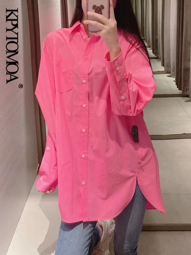 KPYTOMOA Женская мода с накладным карманом большой размер винтажная блузка длинным