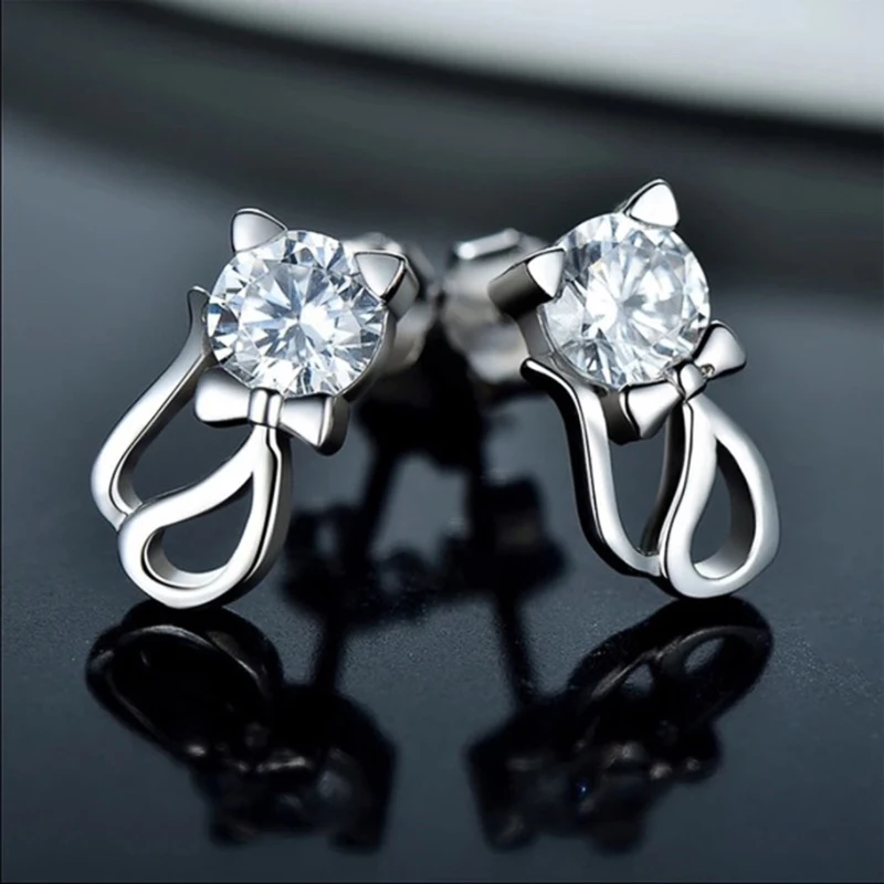 

New Lovely Cat Stud Earrings Inlaid Round Cubic Zirconia Cute Girl's Accessories Fancy Gift for Teens Women Fashion Jewelry