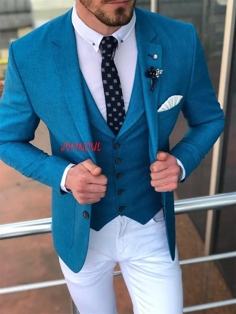 

New Arrival Blue Formal Mens Suits Wedding Tuxedos Grooms Bride Men Dinner Wear Blazers Outfits Sets Business Suit 3 Pieces