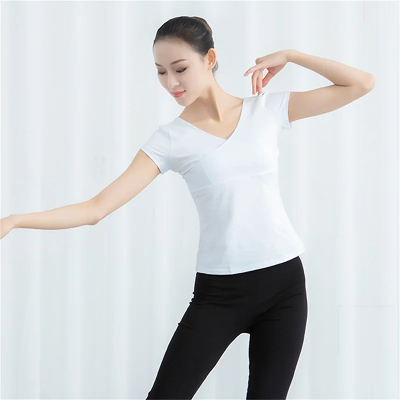

Модная тренировочная футболка для латинских танцев для женщин и взрослых, Новое поступление, однотонная Одежда для танцев, высокая эластичная Базовая рубашка с v-образным вырезом