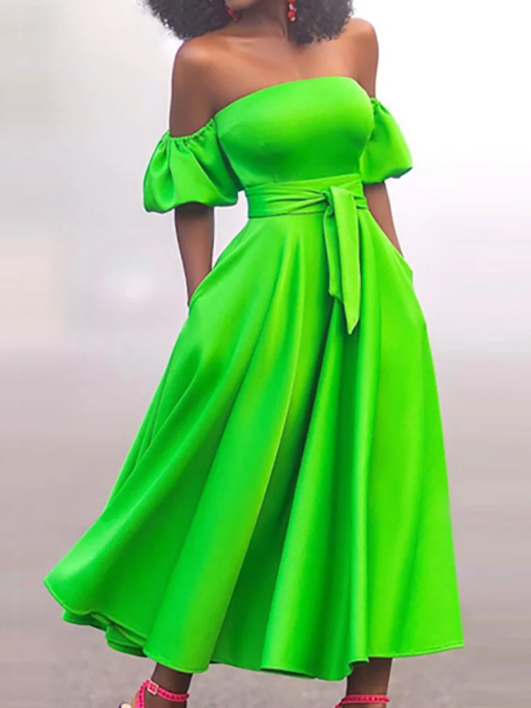 Облегающее элегантное женское платье миди с поясом летнее открытыми плечами и