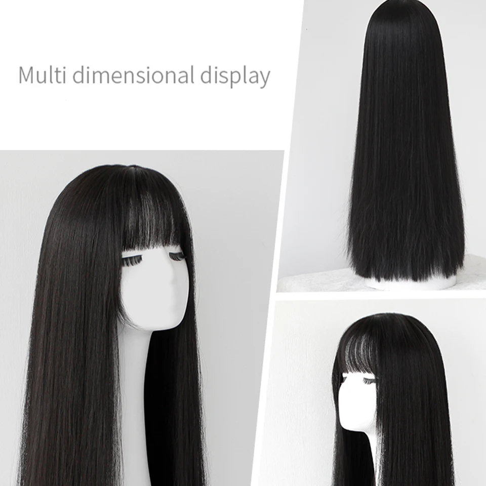 Синтетический длинный прямой черный парик с челкой SEEANO термостойкий косплей
