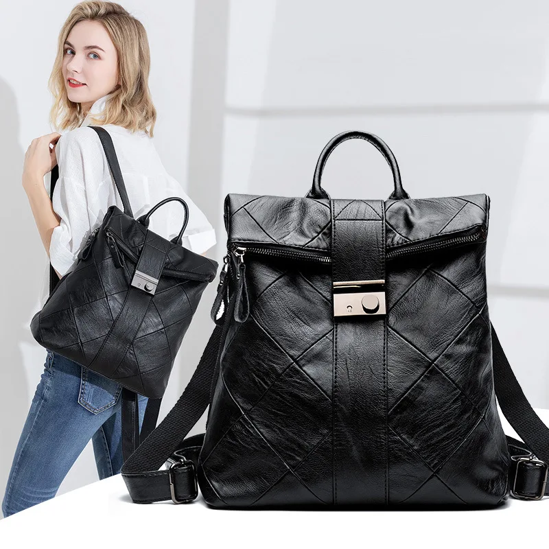 

Genuine Leather Women Backpack Anti Theft Shoulder Bag Large Capactiy Schoolbag for Teenage Girls Bookbags Pure color