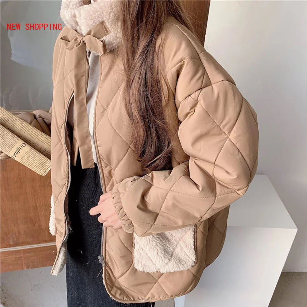 Lamb Wool Coat Female Winter Korean Loose Pockets Plush Thick Warm Parkas Women Cotton Padded Jacket Japanese Jackets Apricot