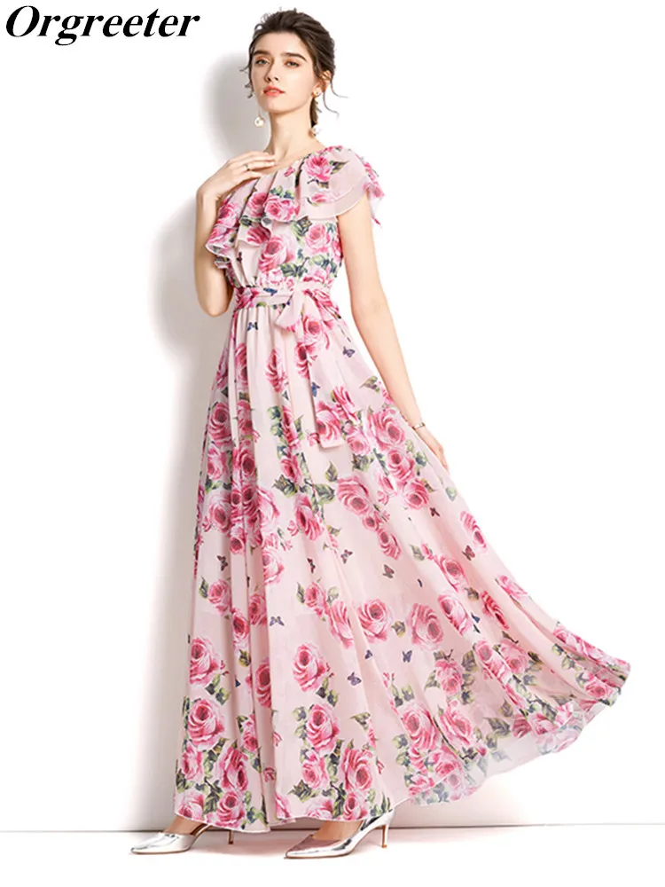 

Summer Bohemian Beach Dress One-Shoulder Ruffle Flower Maxi Dress for Women Floral Print Elastic Waist Lace Up Maxi Robe Femme