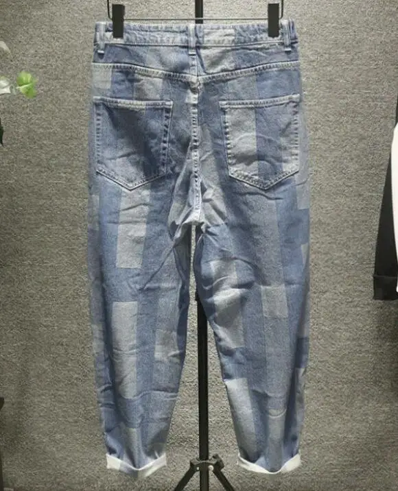 Men Jeans Plaid Denim Pants Men's Straight Loose Fashion Casual Denim Wide Leg Daddy Pants