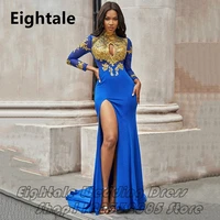 arabic royal blue mermaid evening dresses high neck gold appliques long sleeve sexy slit formal party gown robes de soiree
