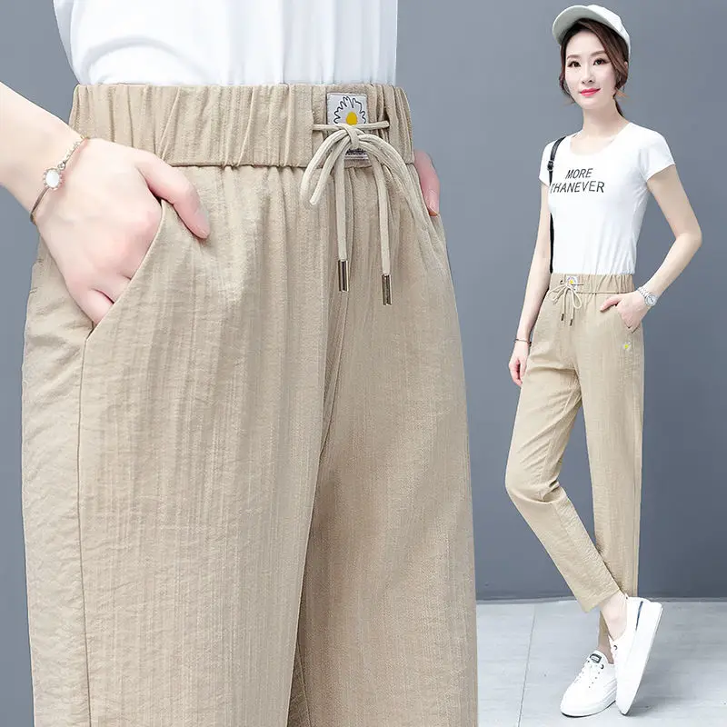 Casual Pants Women's Summer Thin High Waist Cotton Linen Straight-Leg Pants 2022 New Slimming Elastic Loose