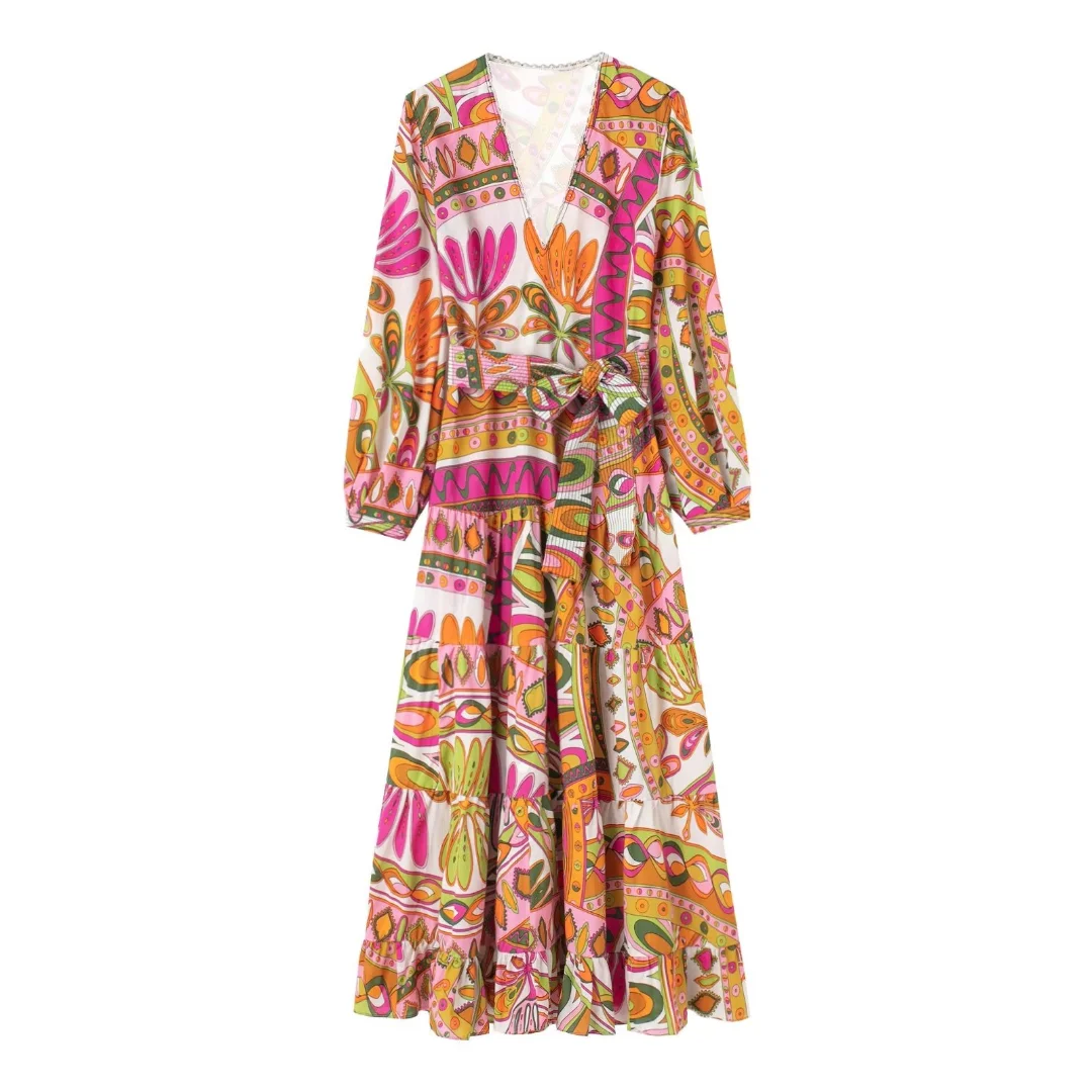 

2022 Women Fashion With Belt Printed Ruffled Midi Dress Vintage V Neck Long Sleeve Female Dresses Vestidos Mujer