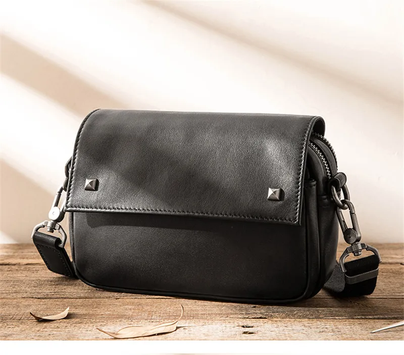 Casual luxury genuine leather men's black shoulder bag handmade designer outdoor high quality real cowhide crossbody bags Youth