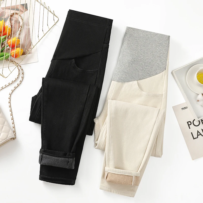 

1159 Autumn Winter Thick Warm Plus Velvet Denim Maternity Jeans Casual Belly Pants Clothes for Pregnant Women Pregnancy Trousers