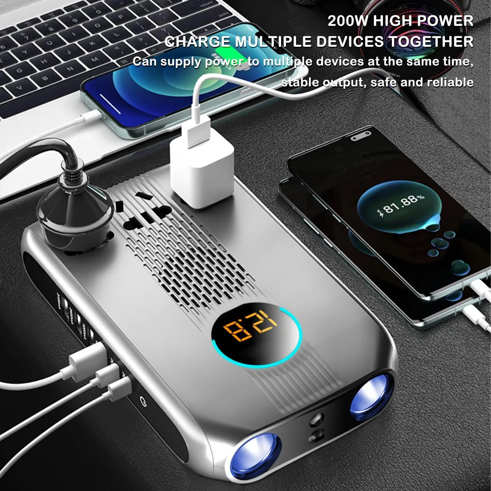 

6 Usb Автомобильное зарядное устройство Qc3.0 Pd, быстрая зарядка 200 Вт 12 в 24 В, автомобильная сигарета для инвертора, 2 гнезда, экран 3 220 В, светодио...