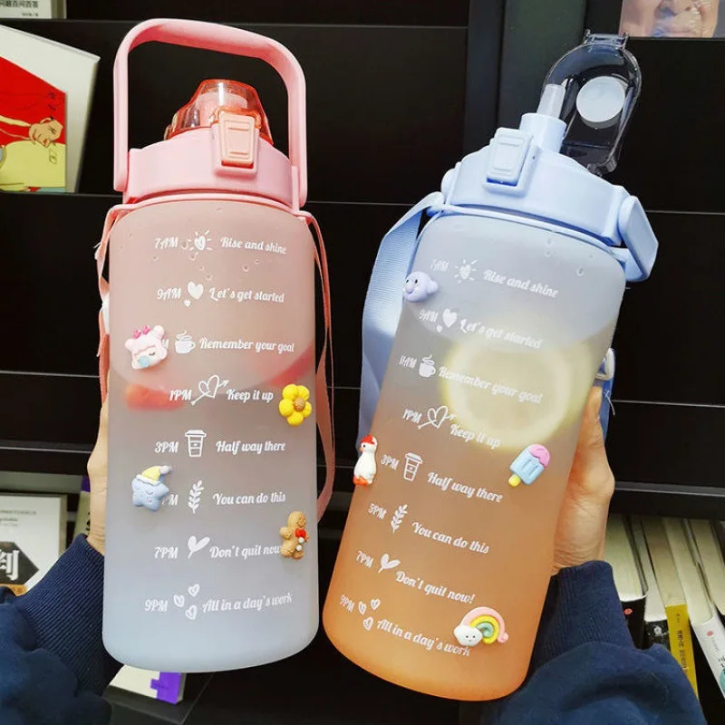 

Gradual Color Frosted Plastic Cup Large Capacity Water Bottle Portable Fitness Water Bottle 2000ML Straw Space Cup