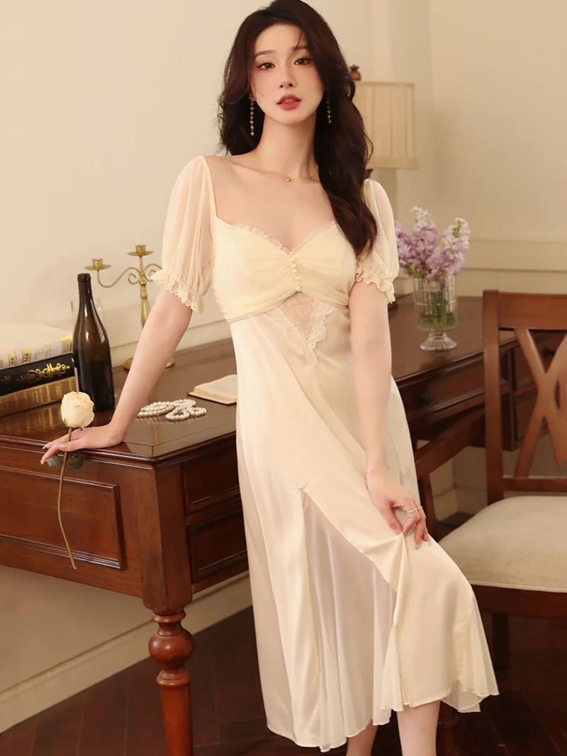 Women Short Sleeve Sweet Fairy Night Dress Pajama Nightgowns Sexy Silk Ruffles Mesh Victorian Princess Sleepwear Loungewear