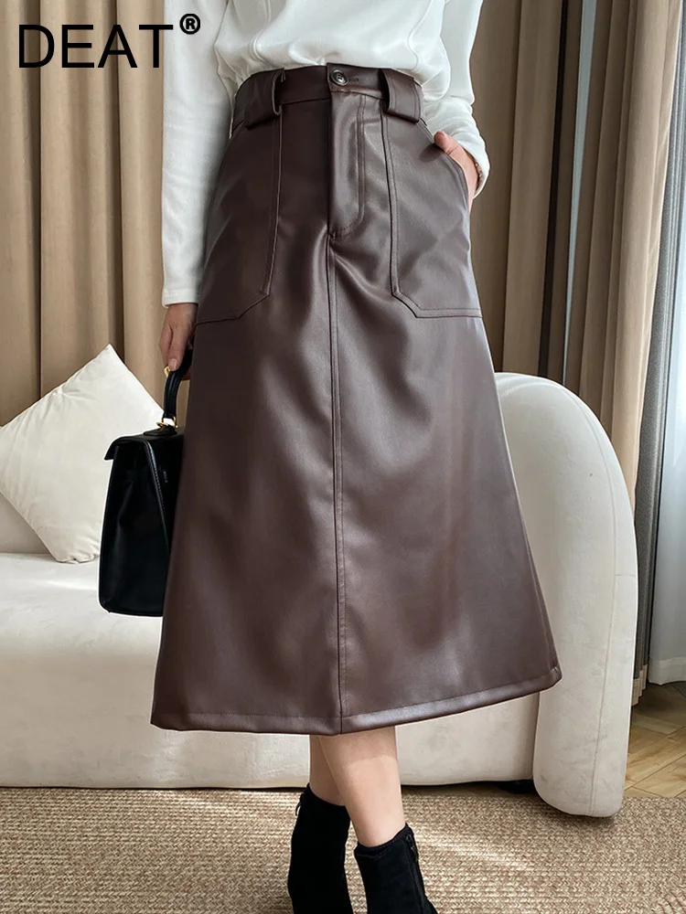 

DEAT Fashion Women's Skirt Pu Leather Loose Patchwork Pockets High Waist Solid Color Long A-line Skirts Spring 2023 New 17A5074
