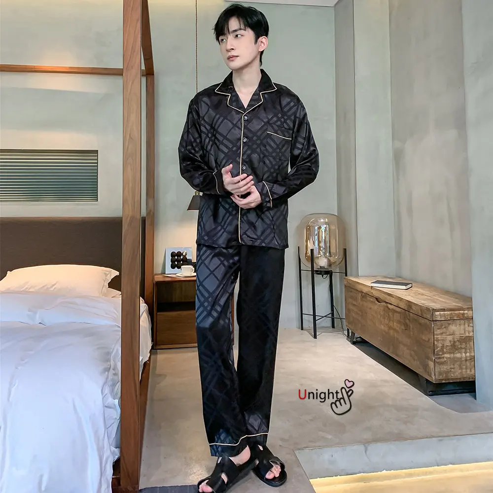 Men Silk Satin Pajamas Sets Long Sleeve Pyjamas Suit Sleepwear Pijama Men Loungewear Plus Size Set L-5XL Sleepwear Set Nightwear