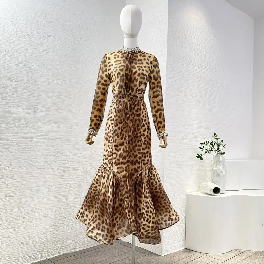 Linen Silk Latest New High Quality Brown Leopard Print Full Sleeve Diamonds and Pleat Ruched Skirt Intellectual Outfit Women Set