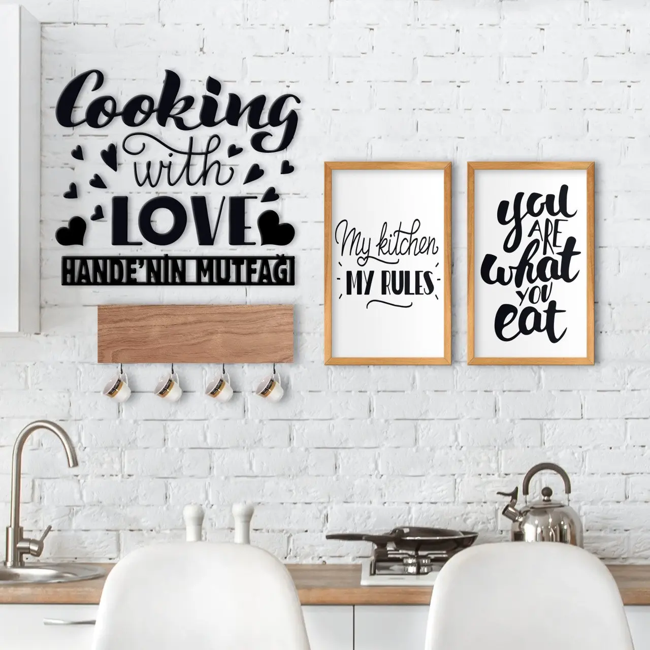 

BK Home Natural Wood Decorative Cup Hanger For Kitchen Konseptli 2'li Wood Table and İsme Custom Wall Süsü-7