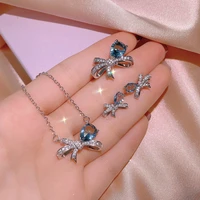 2022 new classic snowflake shaped blue zircon womens jewelry set earrings rings three piece bridal zirconia engagement gift