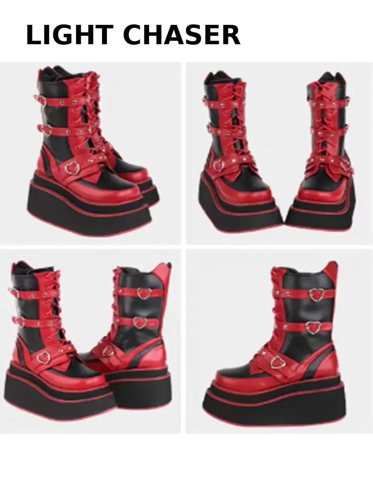 Autumn Winter New Punk Belt Buckle Rivets Thick Bottom Boots Slope Waterproof High Heel Platform Women's Boots Ankle Knight Boot