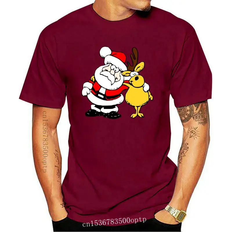 

Camiseta con estampado de Papá Noel y ciervo para hombre, camisa de manga corta negra, divertida, de diseñador de dibujos animad
