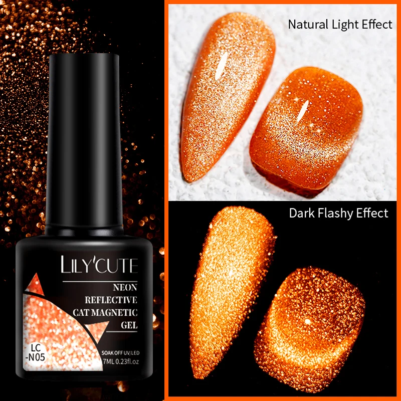 LILYCUTE 7ml Fluorescent Reflective Glitter Cat Magnetic Gel Nail Art Orange Neon Glitter Gel Nail Polish Vernis Semi Permanent