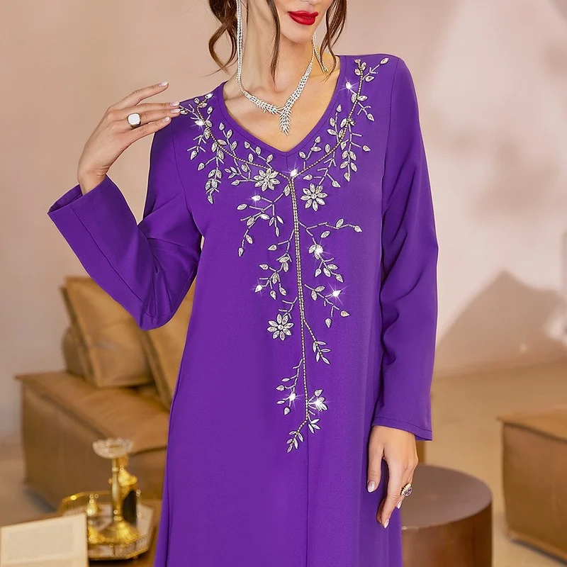 Moroccan Jalabiya Hand Sew Rhinestones Beaded V Neck Full Sleeve Long Dresses for Women Chic and Elegant Gulf Abayas