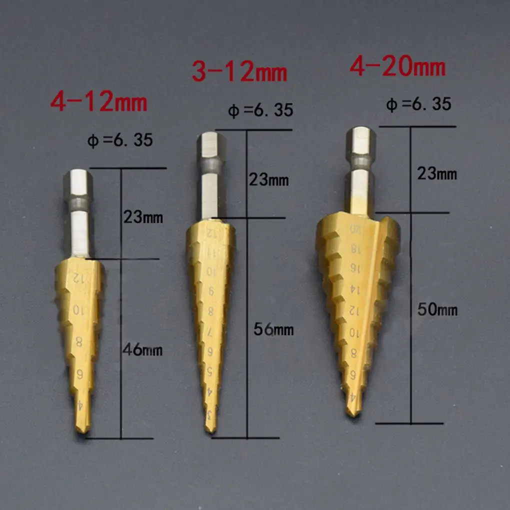 

3pcs Stepping Drill Hexagonal Handle Cone Electric Saw Tools HSS Titanium Hole Pagoda Bit Set