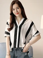 striped blouse women v neck shirt korean fashion woman clothing single breasted top short sleeve shirts summer 2022 blouses