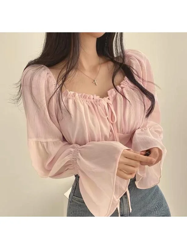 L Autumn New Japan fashion Sweet 2024 Candy Sleeve Bow Lace-up 2WAY Short Top