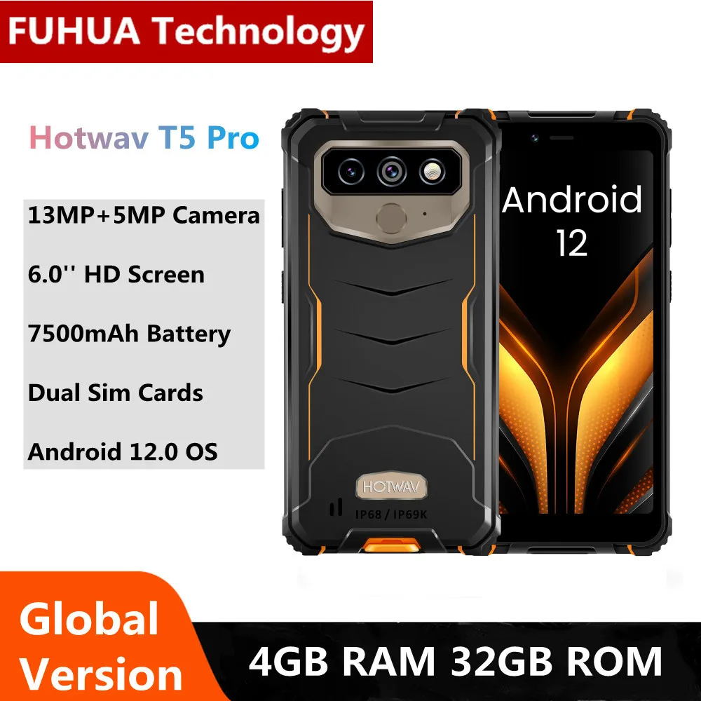 

Hotwav T5 Pro 4G Rugged Smartphone Android 12 OS MTK6761 6.0'' Screen 4GB 32GB 7500mAh Massive Battery 13MP Main Camera Celular
