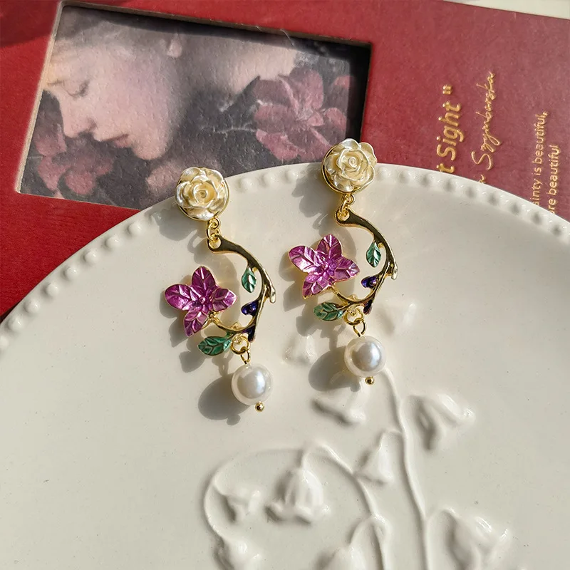 

Purple Flower Earrings Dangle Vintage Pearl Long Tassels Art Pendant Baroque Jewelry Earring For Women 2022 New Korean Gift