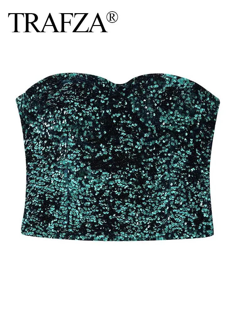 

TRAFZA 2023 Women Sexy Strapless Corset Style Short Sequined Smock Blouse Female Side Zipper Crop Shirt Blusas Chic Tops