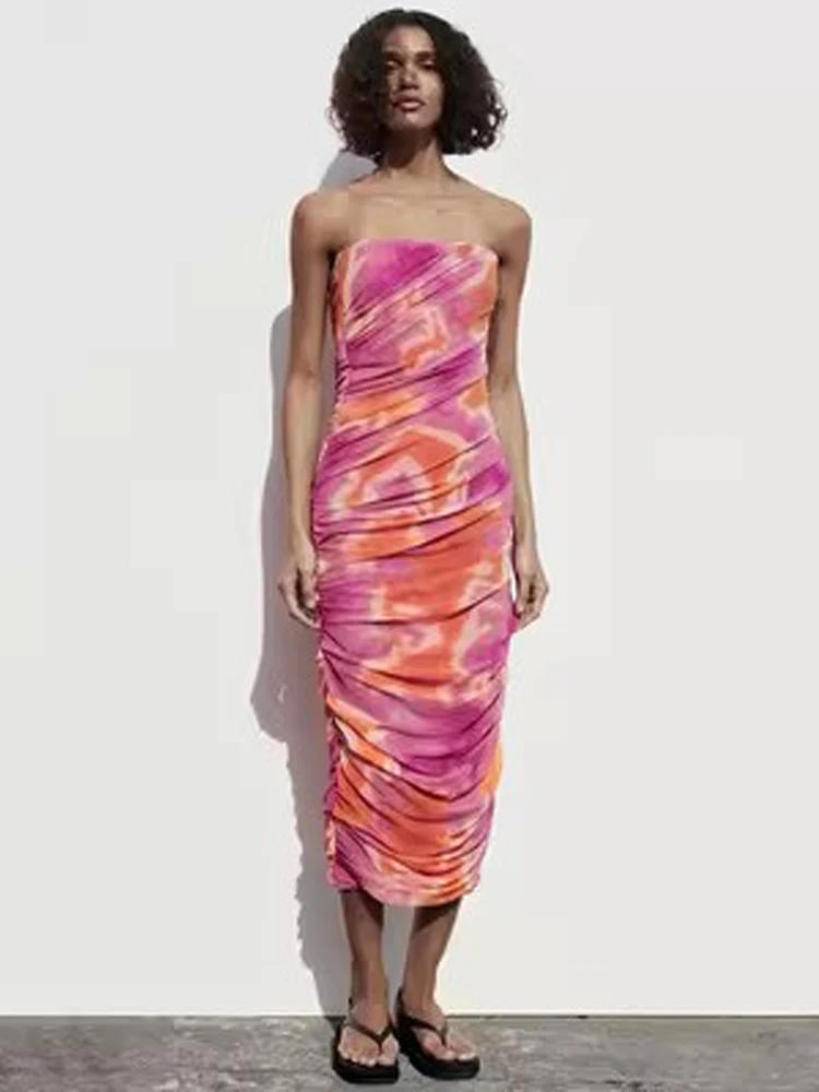 

PB&ZA 2023 new women's fashion design feels sweet brim show thin straight collar fold serigraph dress