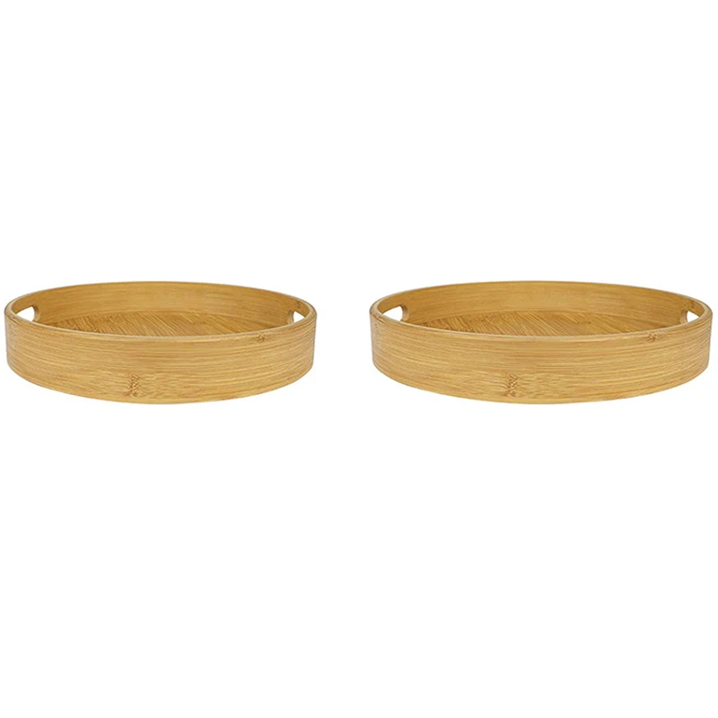 

Natural Round Serving Tray Set Wooden Bamboo Circle Tray With Handles For Coffee Table, Food, Restaurant Home Party