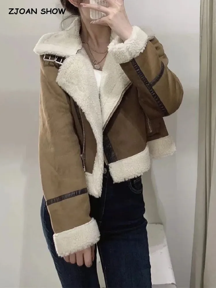 

2022 Autumn Winter Vintage Khaki Suede Lamb Fur Cropped Coat Women Buckle Lapel Full Sleeve Furry Warm Jacket Short Outerwear