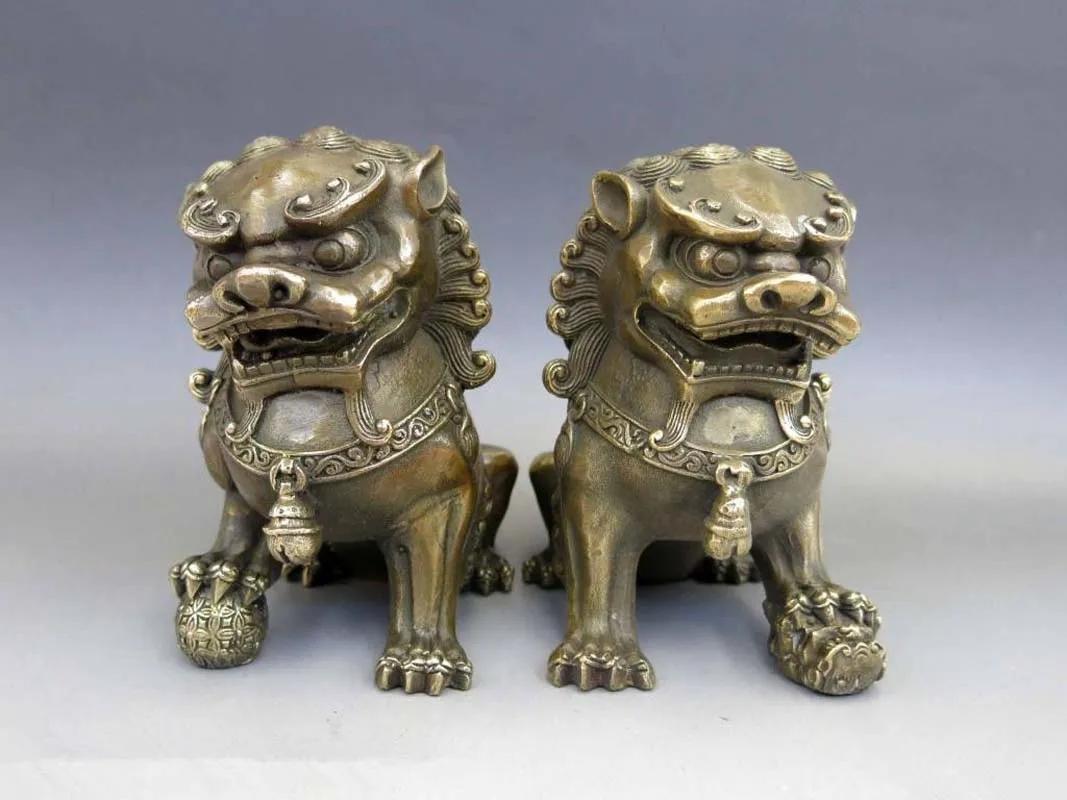 Китайская антикварная бронза Feng Shui Fu Foo Dog Статуя льва Дверной бог пара львов