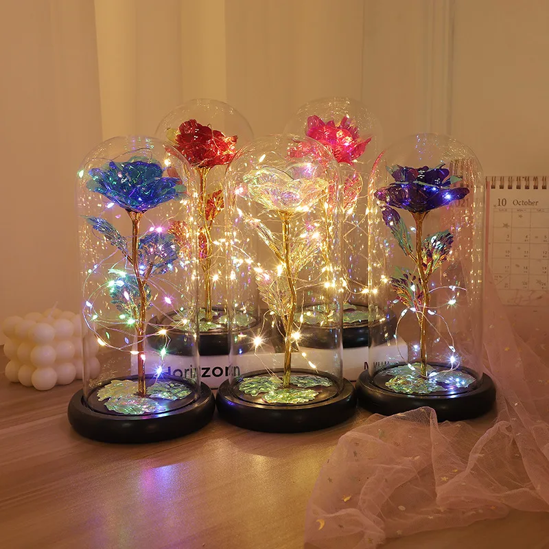 LED Enchanted Galaxy Rose Eternal 24K Gold Foil Flower with String Lights In Dome for Home Decor Christmas Valentine's Day Gift