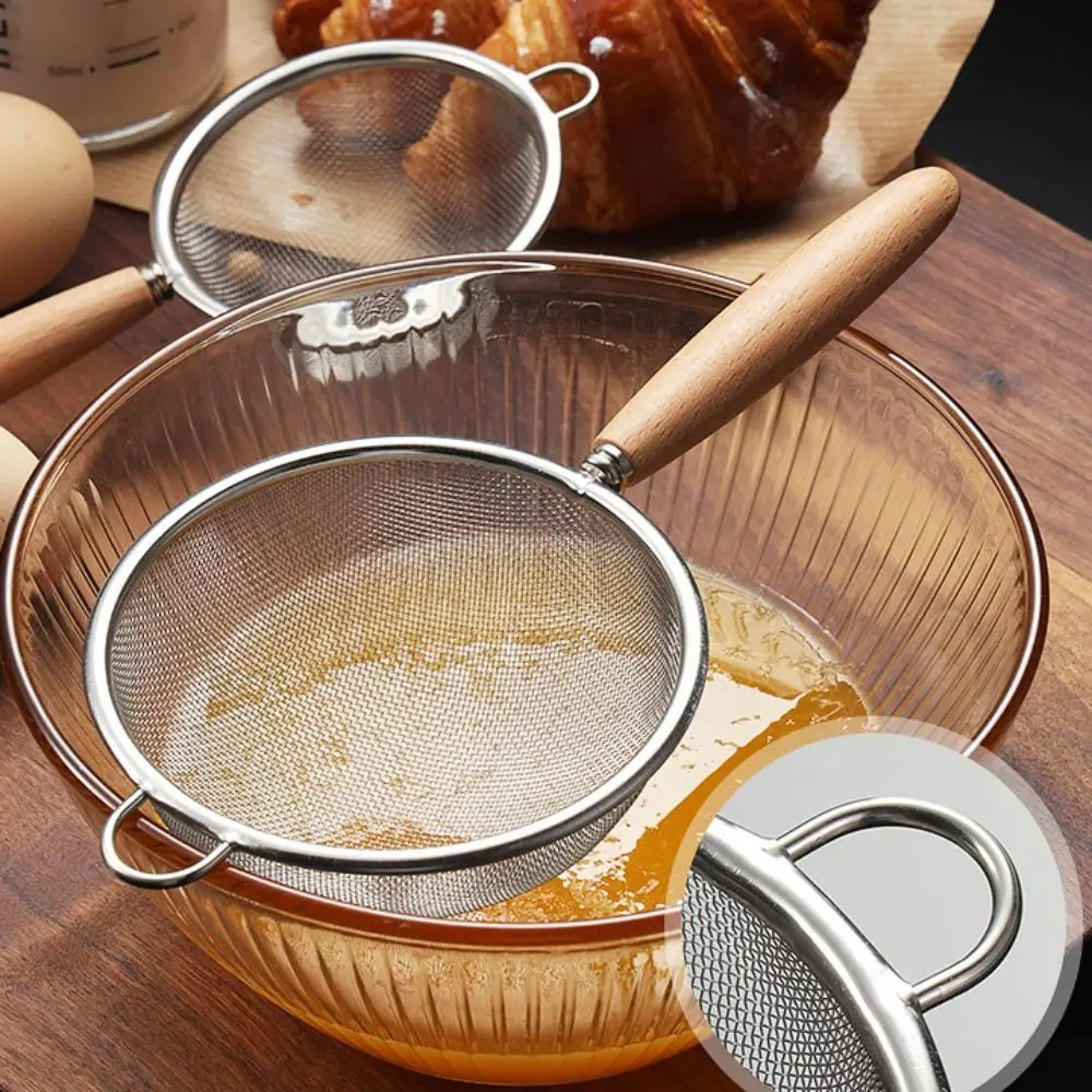 Wooden Handle Stainless steel Wire Fine Mesh Oil Strainer Multi-function Filter Mesh Flour Colander Sifter Kitchen Baking Tool images - 6