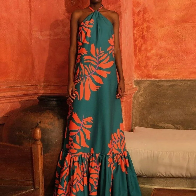 

Женское пляжное платье-трапеция в стиле бохо, повседневное свободное праздничное платье с открытой спиной и лямкой на шее, Макси-Платье с пр...