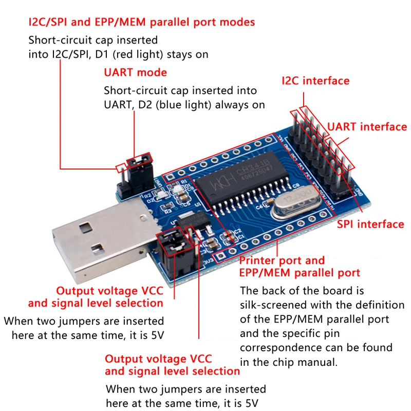 Фото Модуль преобразователя USB в параллельный порт CH341A, программируемый USB-I2C/SPI/UART/ISP-адаптер с переключением уровня напряжения 3.3В/5В и индикатором работы №3