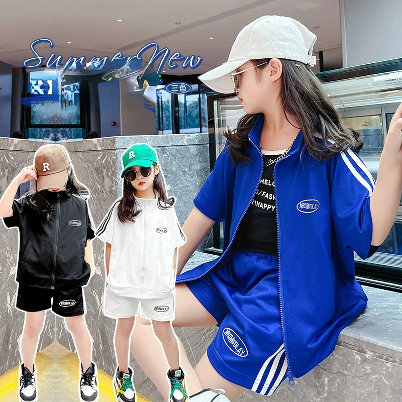 

Girls 2022 new sports suit Western style color matching top wide leg casual shorts two-piece set