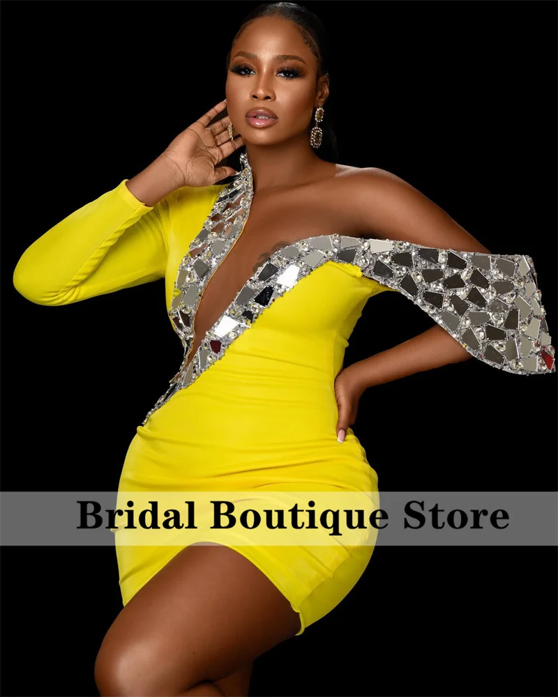 

Sexy Yellow Short Prom Dresses African One Sleeve Beads Sequins Elegant Birthday Party Gown Cocktail Gowns Robe De Bal