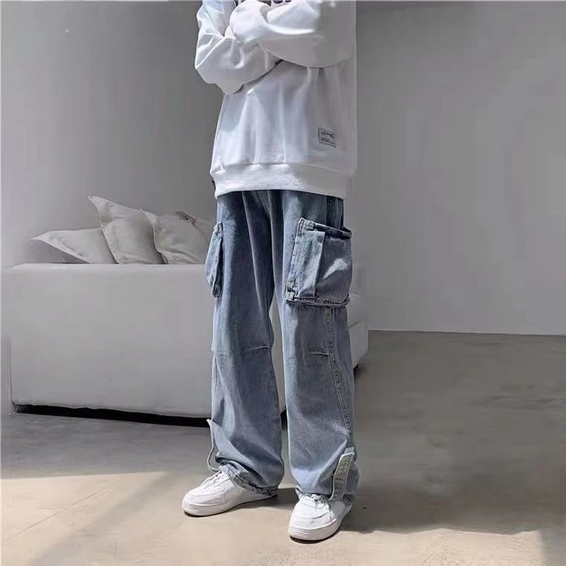 Denim Overalls Men's Large Pocket Loose Wide Leg Jeans Casual Spring Autumn Korean Street Fashion Hip Hop Denim