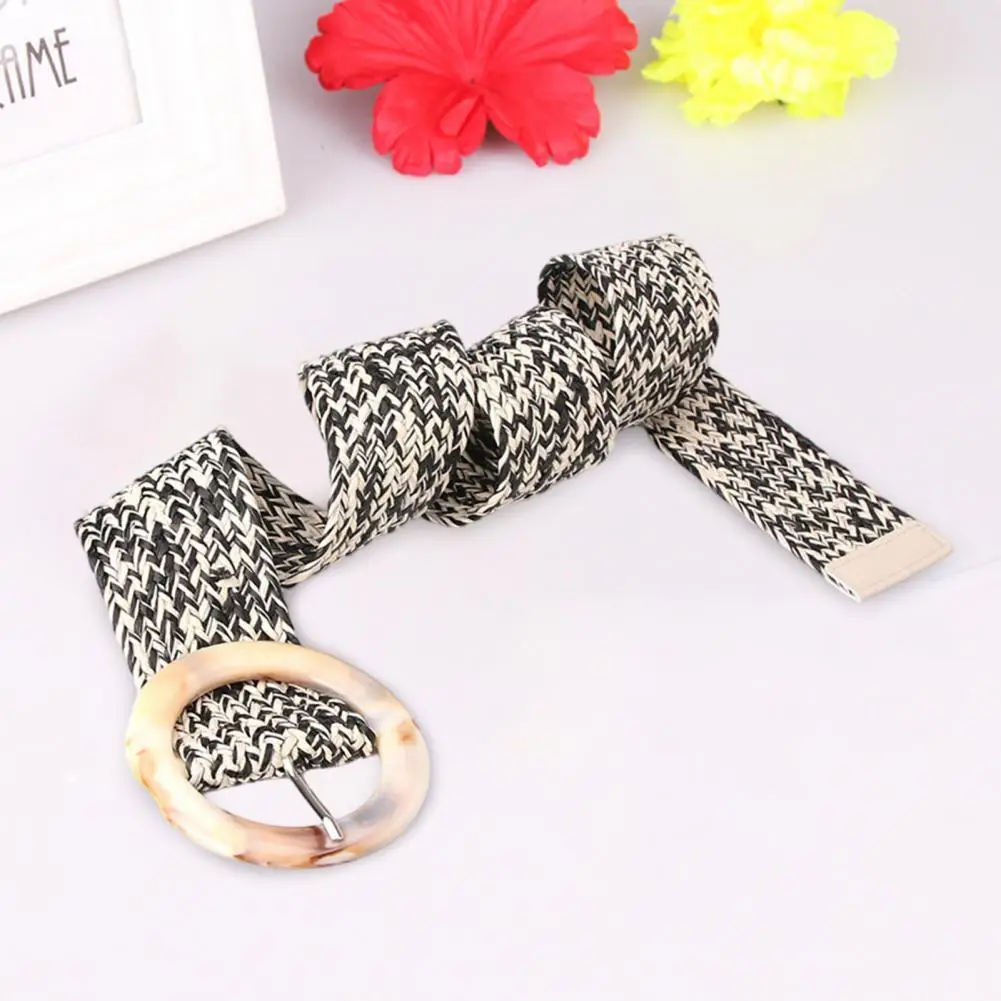 

Imitation Straw Weaving Fashion Handcrafted Braided Round Buckle Belt Skin-Touch Women Belt Lightweight Clothes Ornament