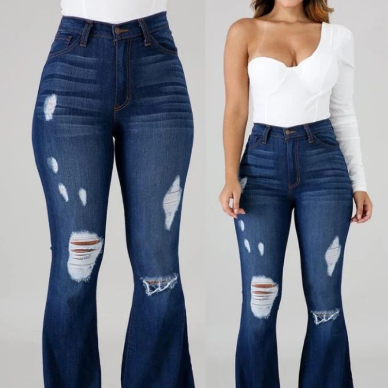 Casual Denim Plain High Waist Cutout Raw Hem Button Long Flared Jeans Women 2022 New Fashion Female Clothing All-Match Y2k Jeans