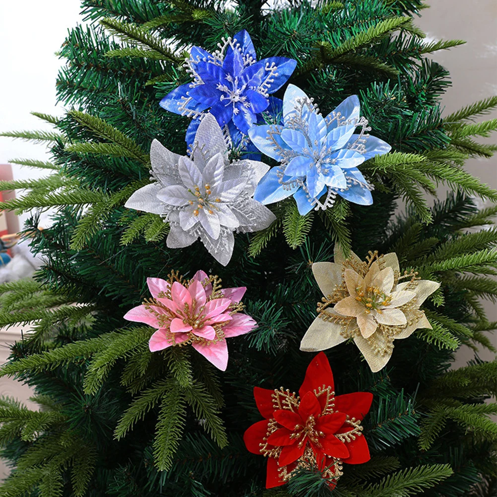 10pcs Christmas Large Poinsettia Glitter Flower Xmas Tree Hanging Ornaments For Wedding Party Christmas Decoration